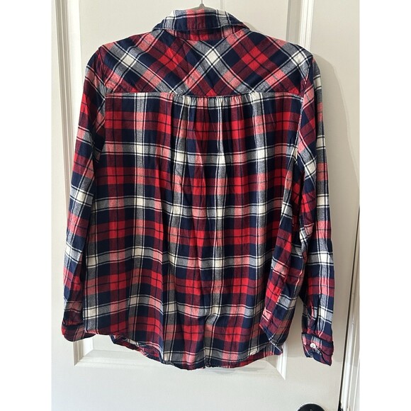 Aerie Women’s Size Large Red Navy Plaid Flannel Shirt Plaid Button Up - Picture 3 of 6